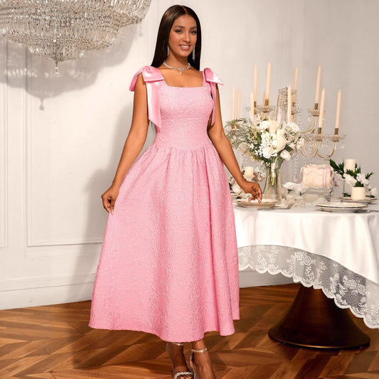 Women's Elegant Bow Dress Jacquard High Waist Dresses