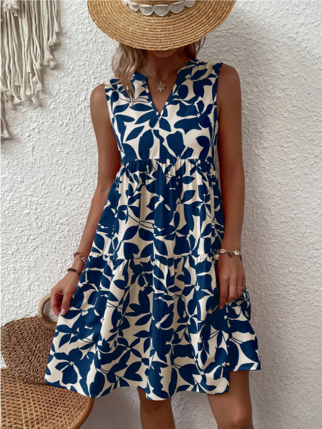 Women's Summer Bohemian Fashion Loose Pleated Sleeveless Printed Vests