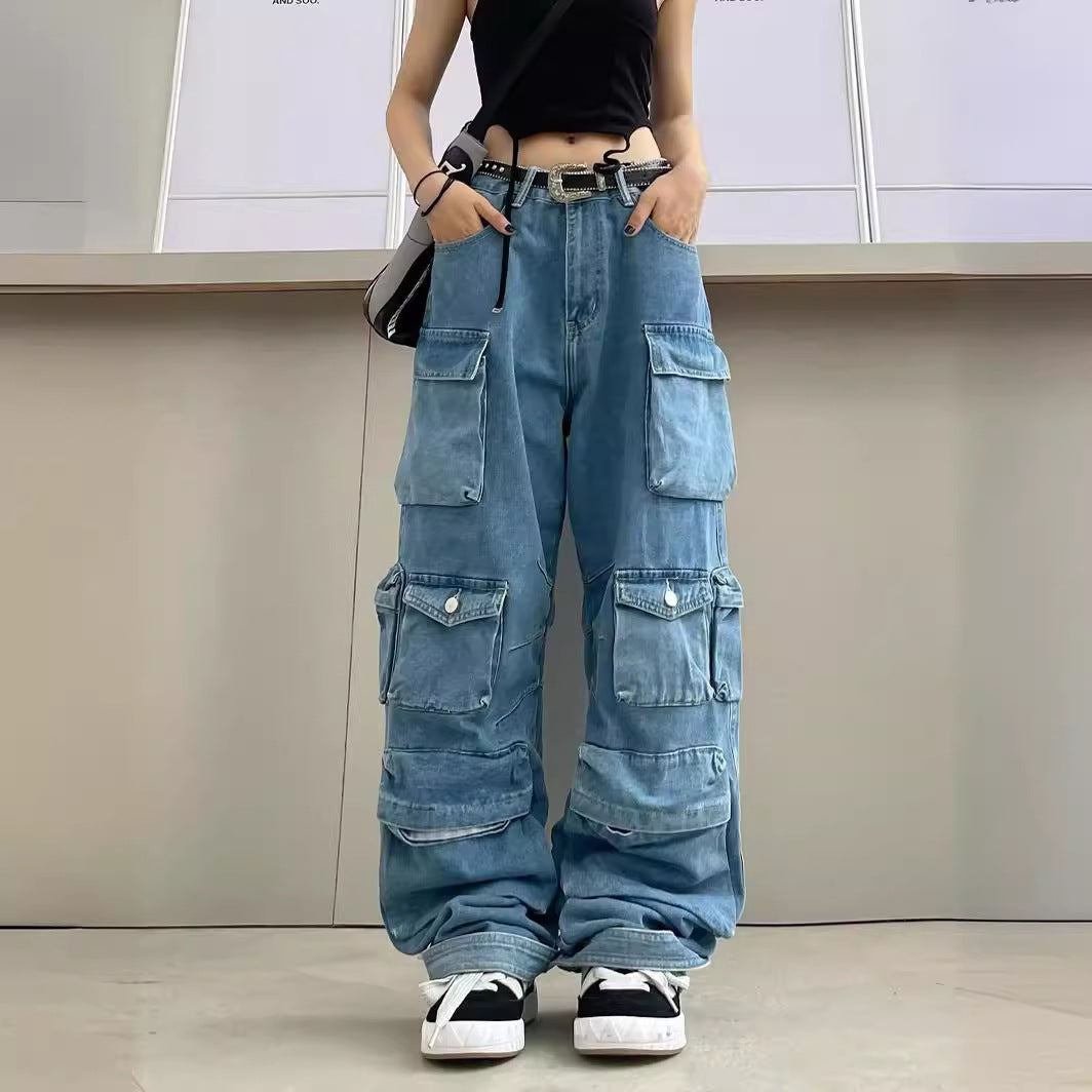Fashion Smoky Gray Stitching Cargo Casual Pants