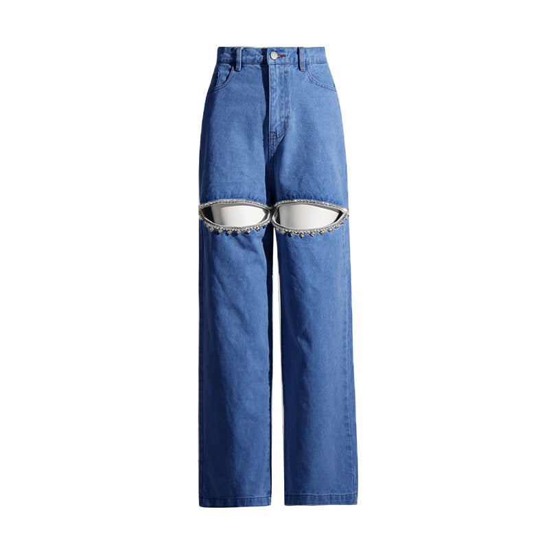 Waist Long Diamond Studded Hollow Design Jeans