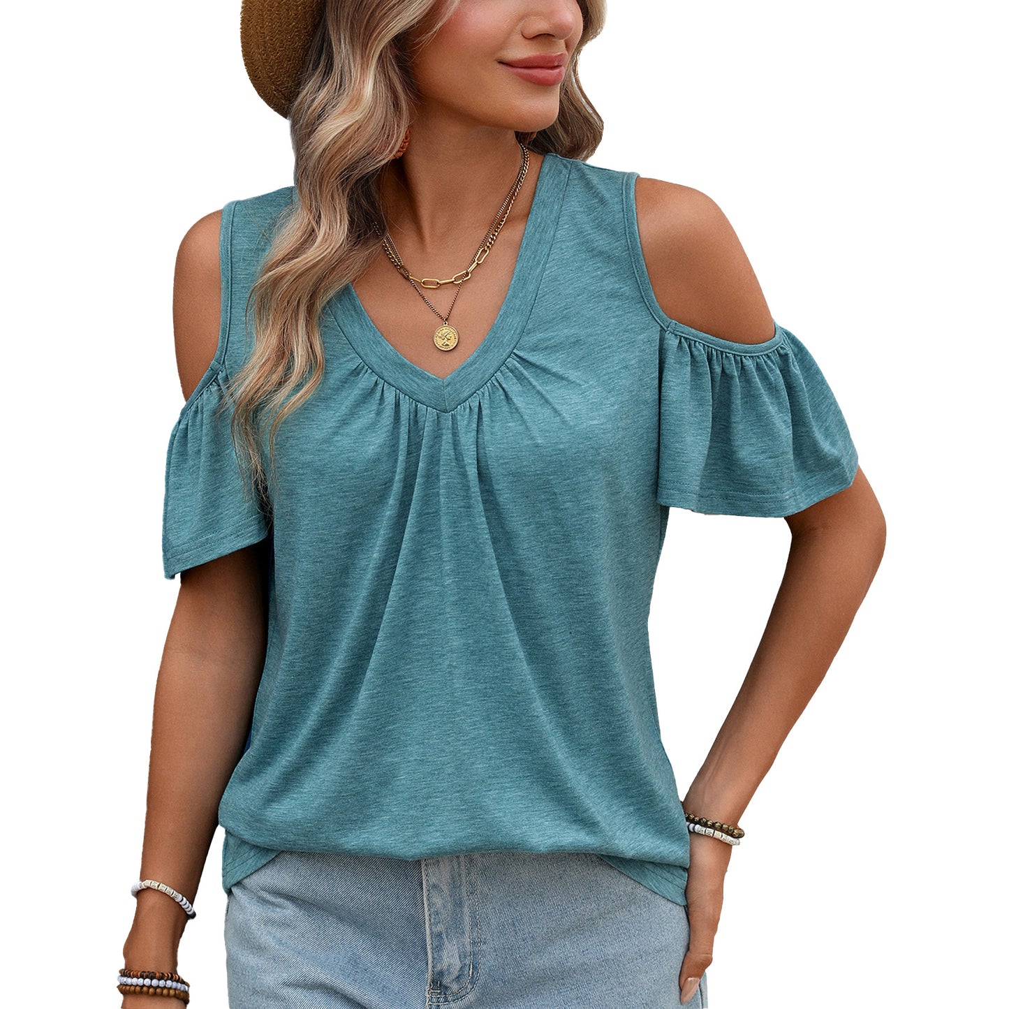 Trendy Solid Color Pleated Loose Sleeve Women's T-shirt
