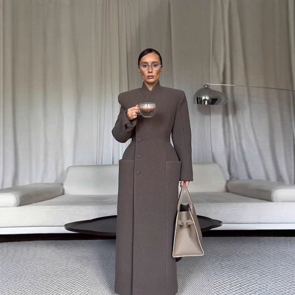 Fashion Temperament Pure Color Long Section With Stand Coats