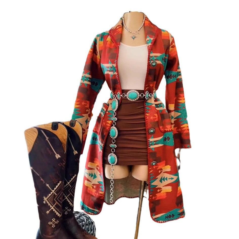 Women's Western Style Printed Hemming Mid-length Woolen Coats