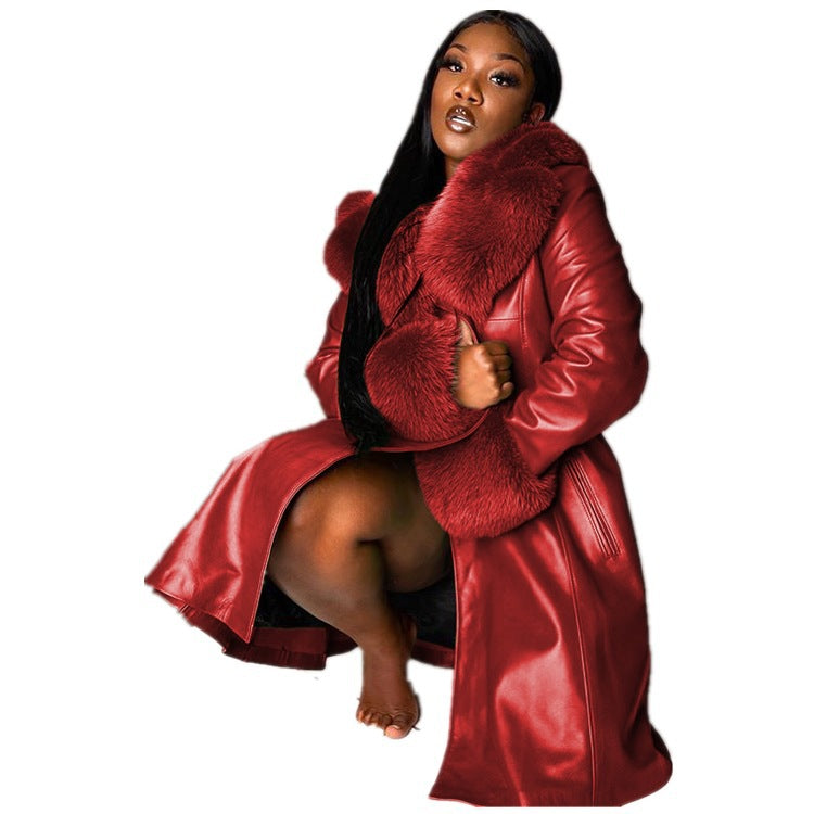 Solid Color Polo Collar Long Fur Jackets
