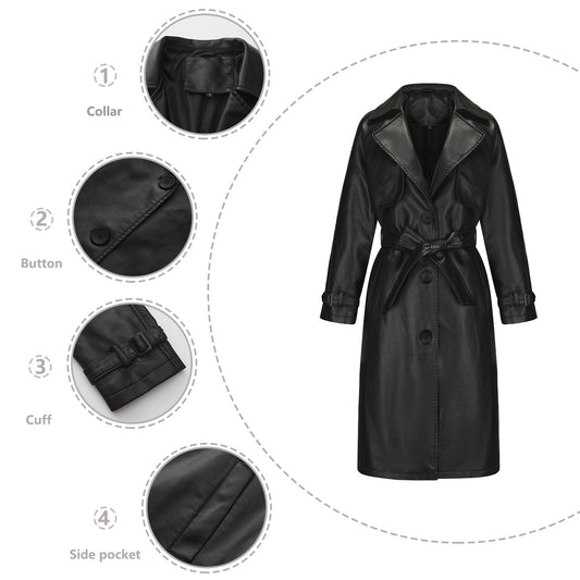 Women's Trench Long Loose Leather Classic Turn-down Jackets