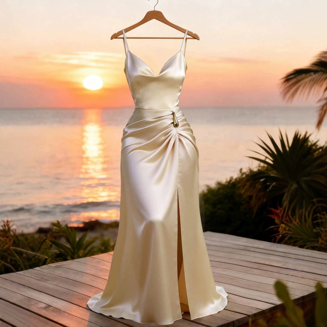 Satin High-grade Temperament Slim Fit Slit Dress