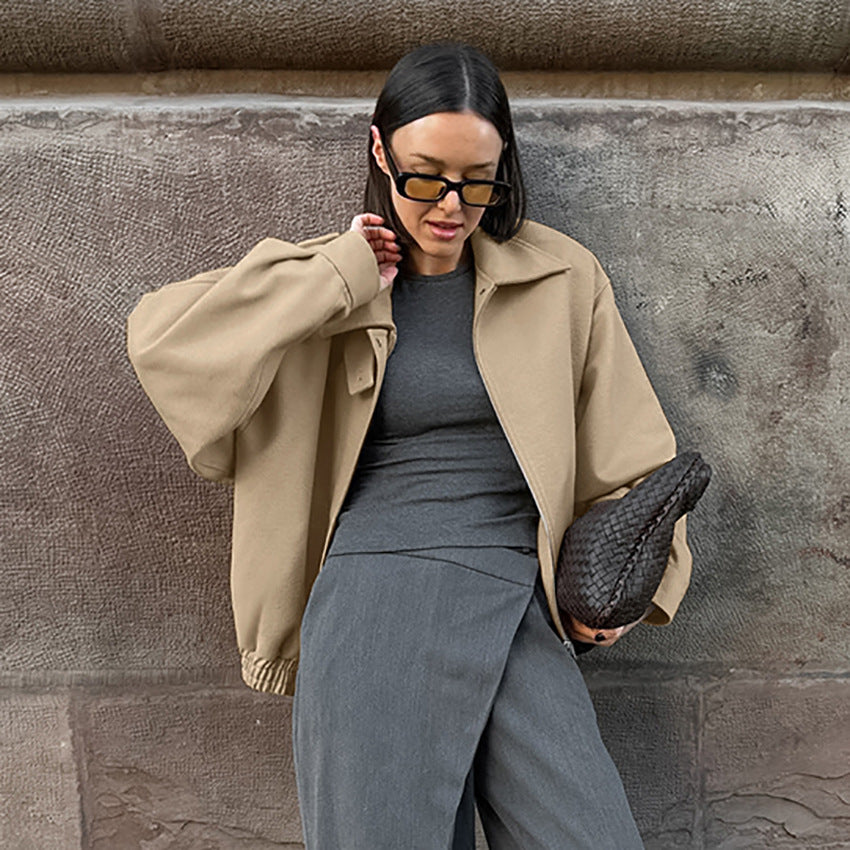 Women's Khaki Polo Collar Loose Overcoat Commuter Coats