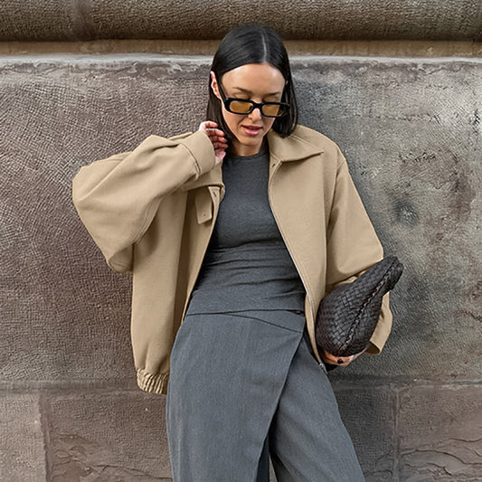 Women's Khaki Polo Collar Loose Overcoat Commuter Coats