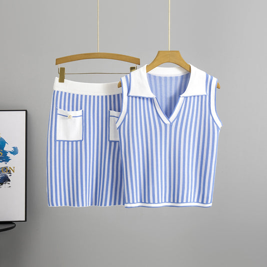 Women's Preppy Style Waist Trimming Slimming Striped Shirt Summer High Suits