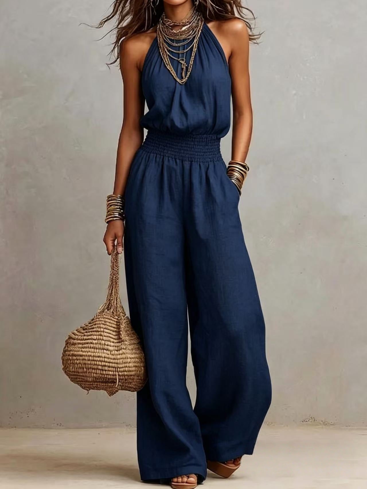 Durable Trendy Women's Sleeveless Linen Backless Women's Jumpsuit/clothing