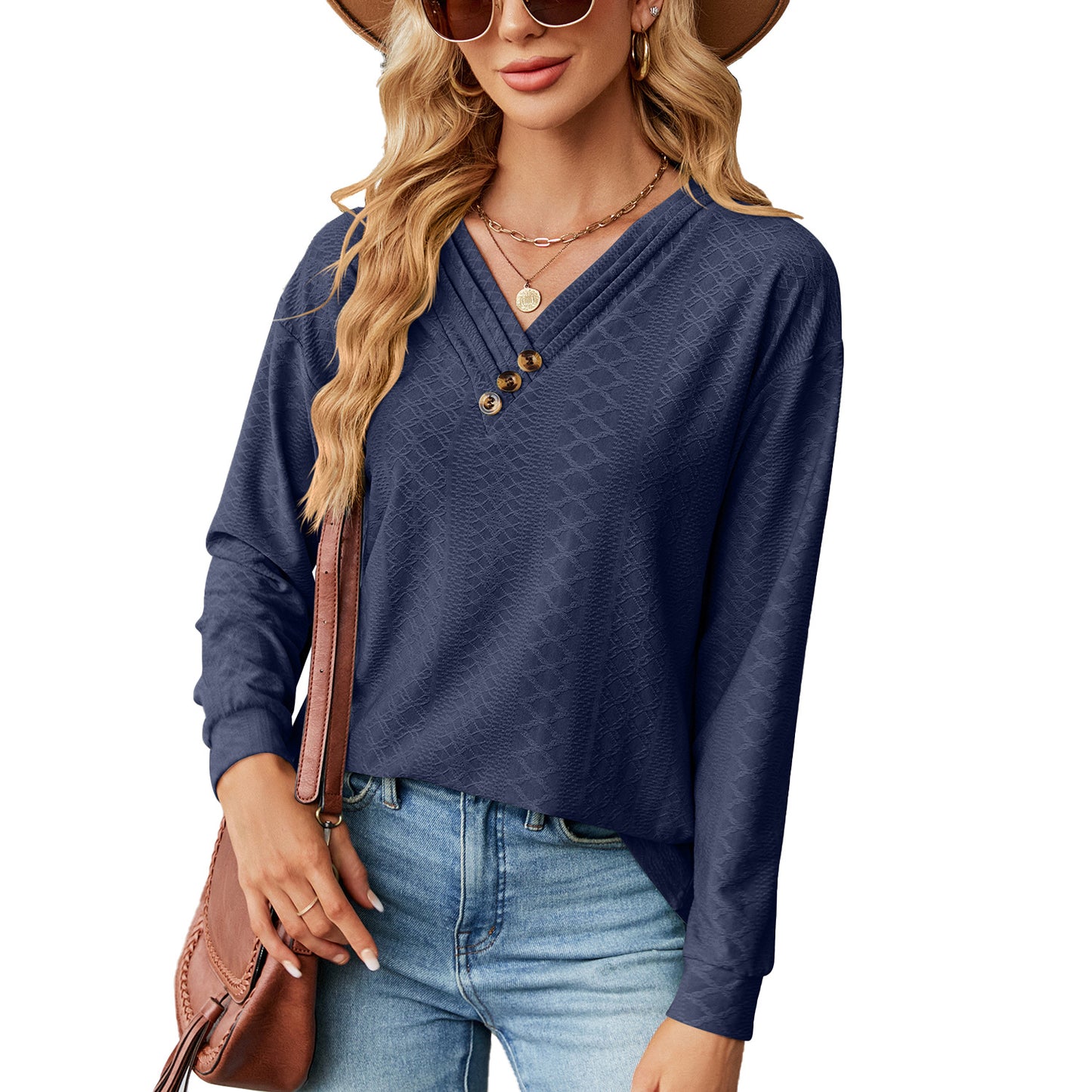 Women's Solid Color Button Loose Long-sleeved Clothing