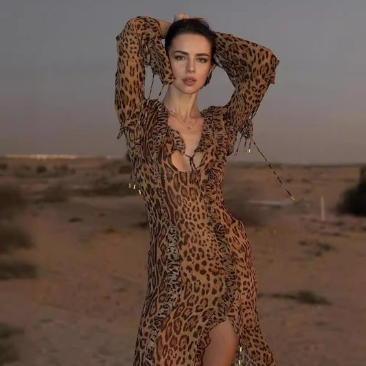 Chiffon Sexy Leopard Print Dress Ruffled Front Slit Skirts