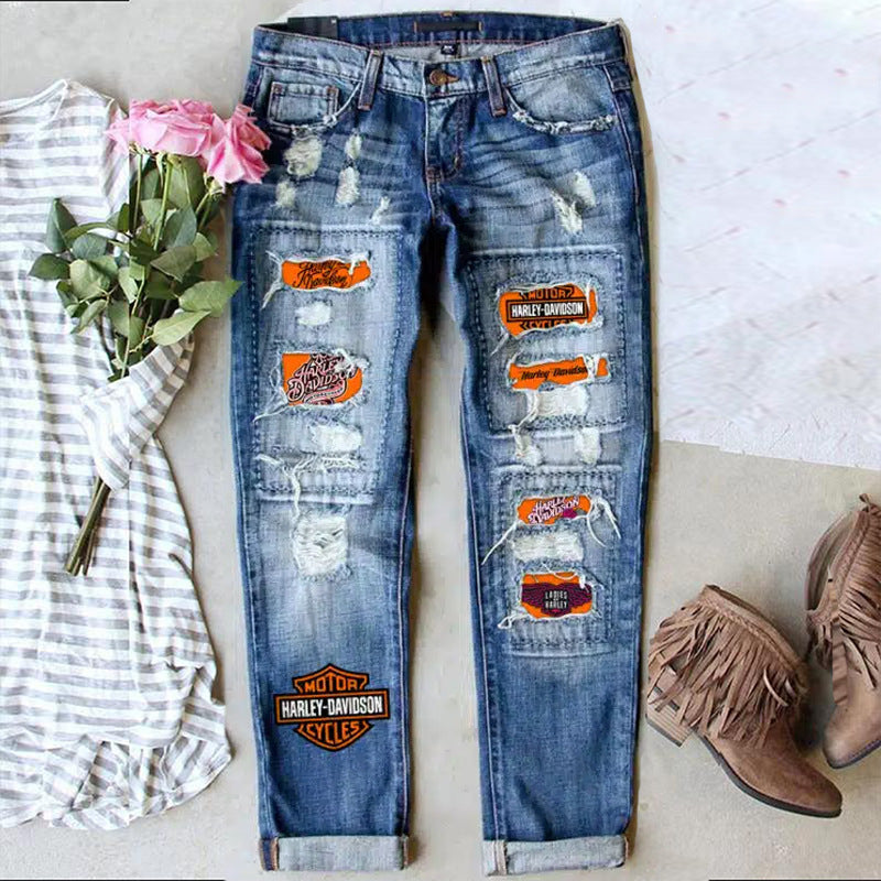Women's Fashion Holes Printed Patch Straight Women's Jeans