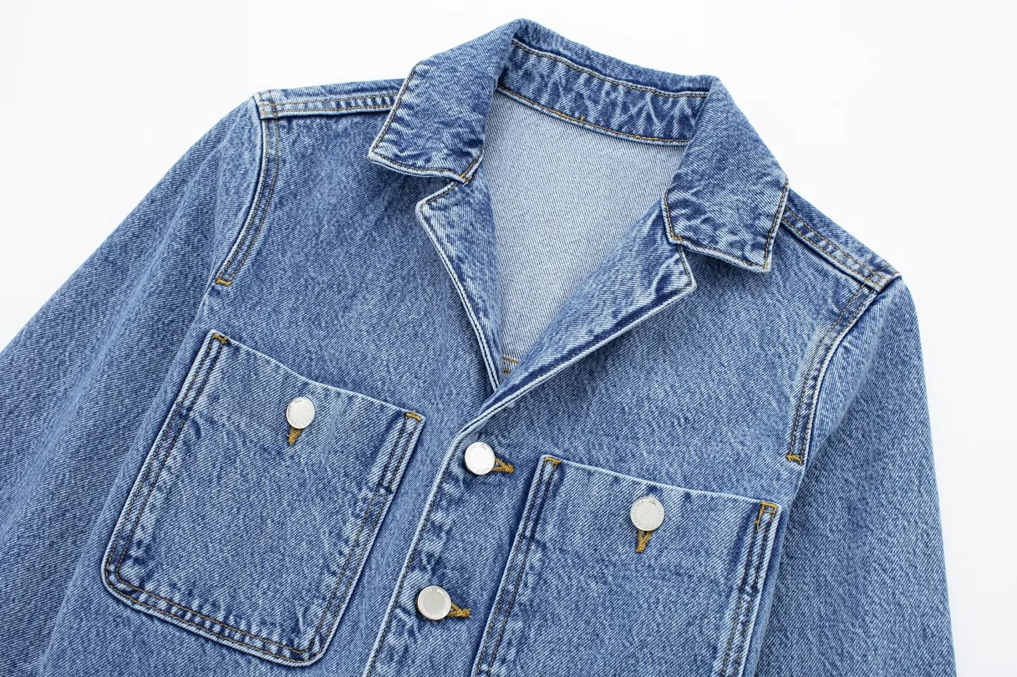 Women's Collar Pocket Decorative Waist Denim Trousers Jumpsuits