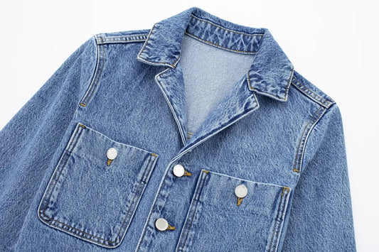 Women's Collar Pocket Decorative Waist Denim Trousers Jumpsuits