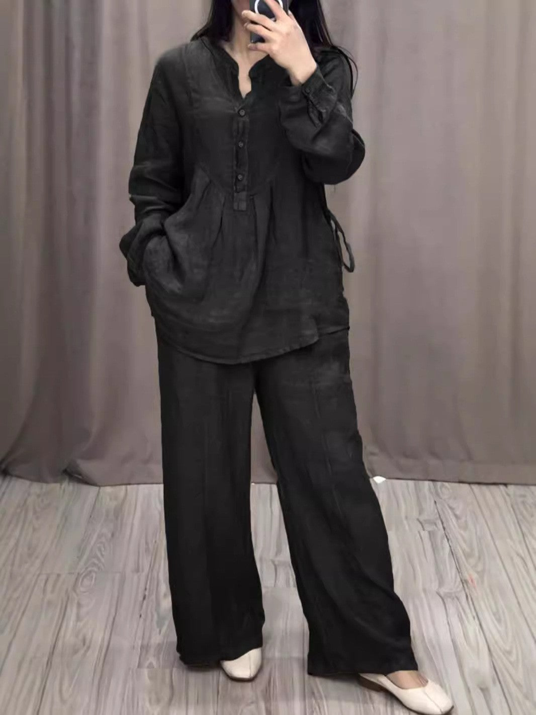Autumn Comfortable Cotton Linen Long Sleeve Half Pleating Fashion Casual Suit