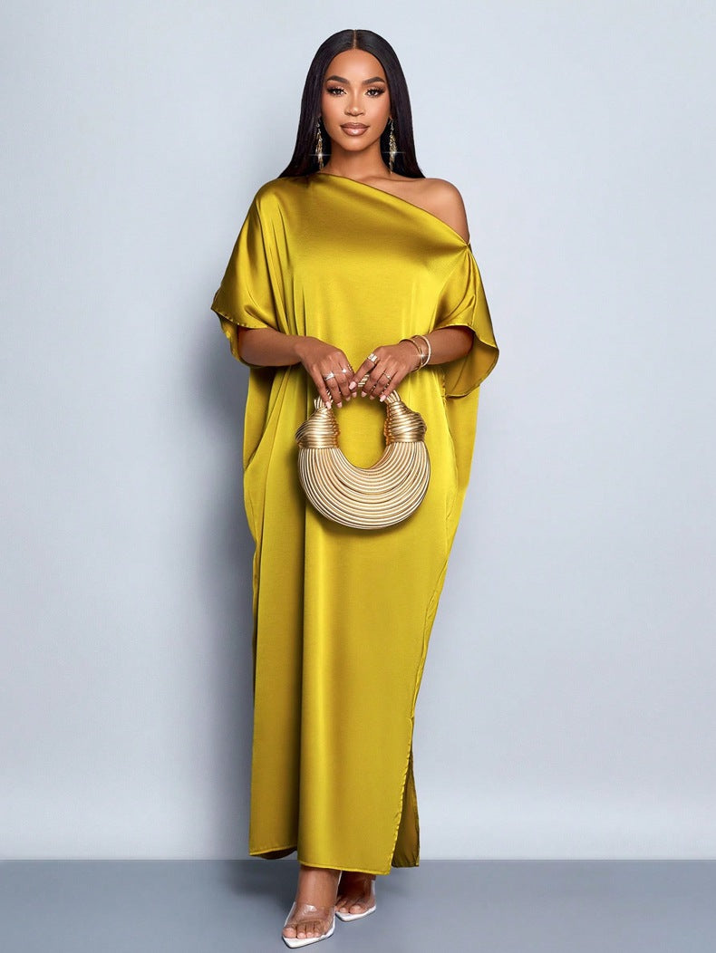 Women's Early Autumn Satin Dress Yellow Long Dresses