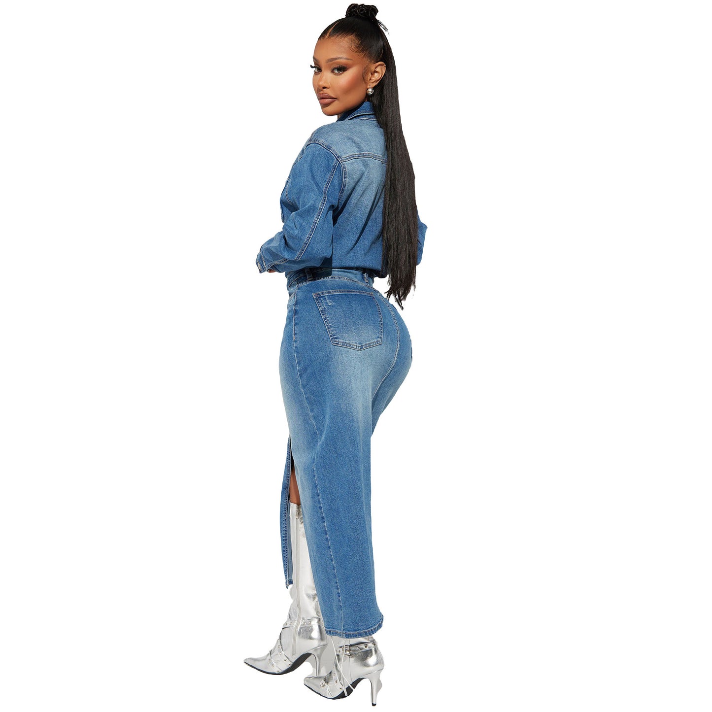 Women's Fashion Wear Long Sleeve Denim Trench Dresses