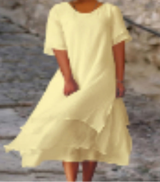 Cotton Linen Color Matching Slit Sleeve Dresses