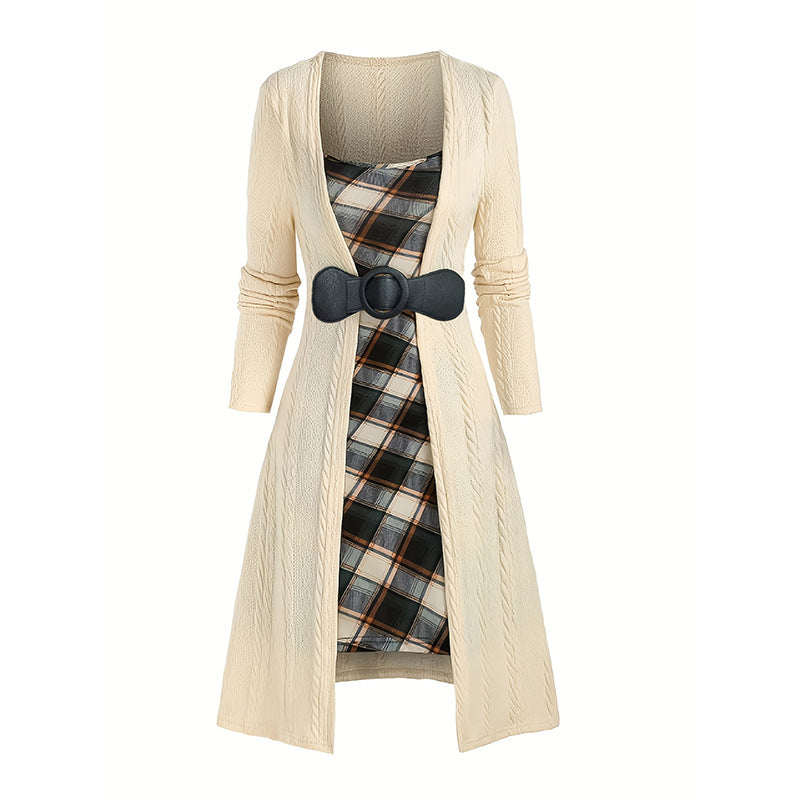 Fashion Bowknot Plaid Two-piece Knitted Dress Suits