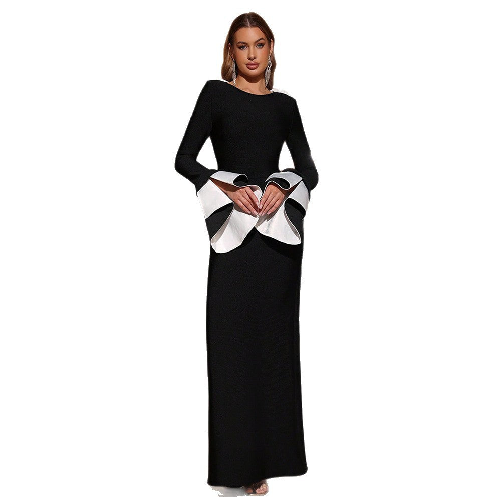 Women's Sexy Backless Stitching Cuff Long Sleeve Slim Fit Dresses