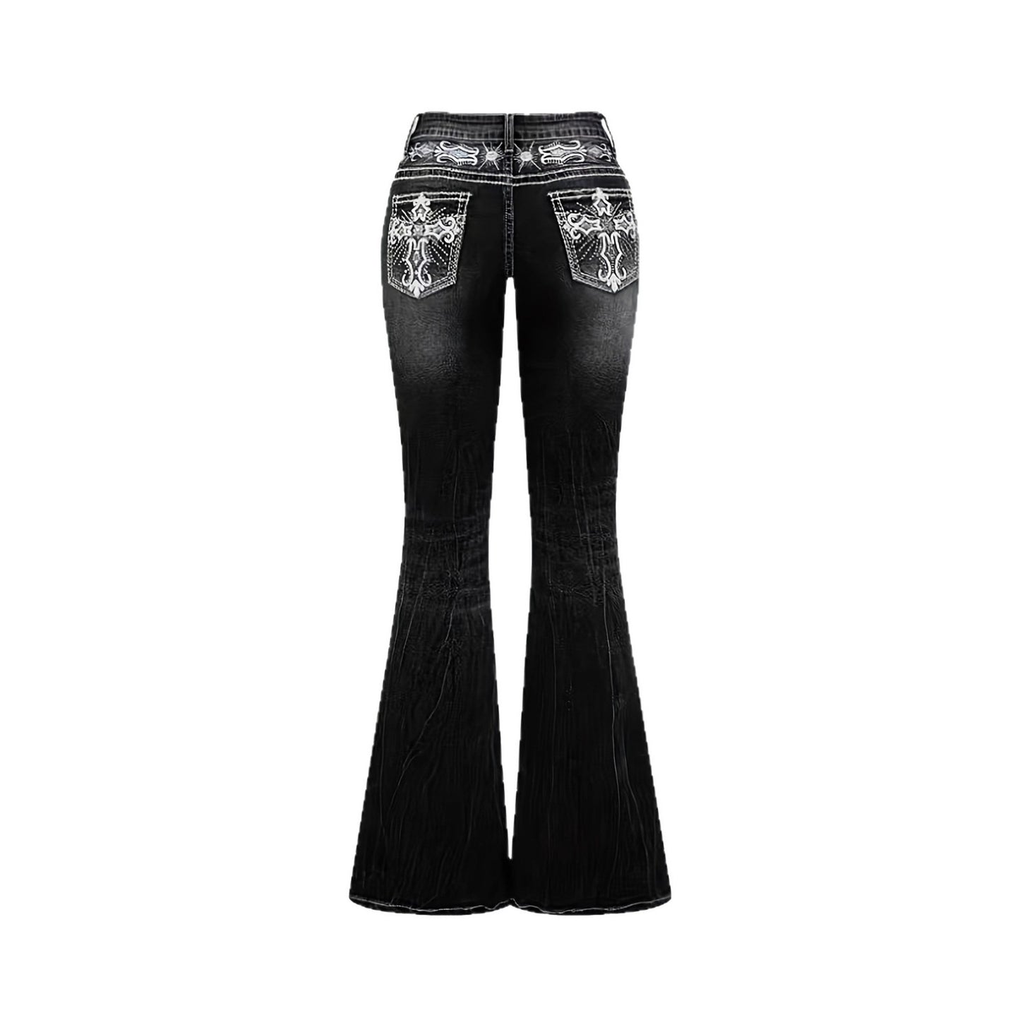 Women's Color Water Scrubbing Pocket Embroidered Hot Fix Rhinestone Jeans