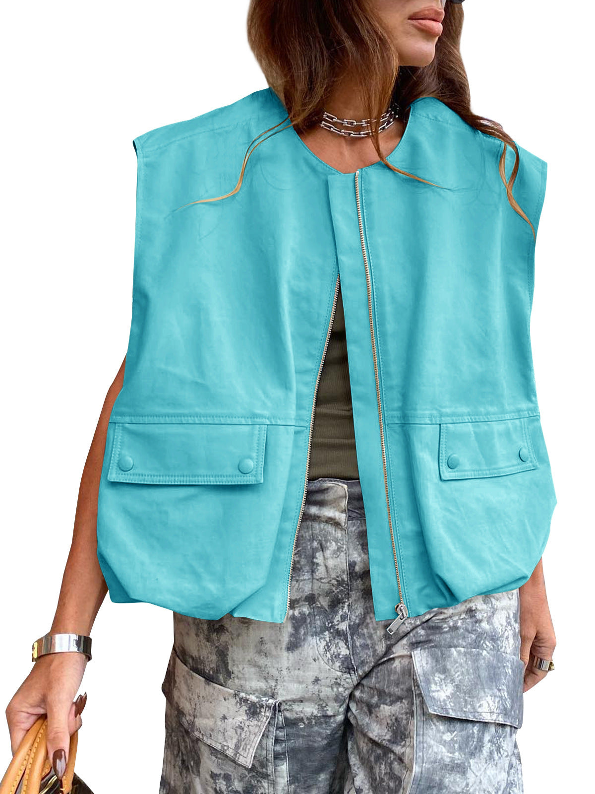 Women's Sleeveless Pocket Loose-fitting Waistcoat Zip Fashion Women's Vest