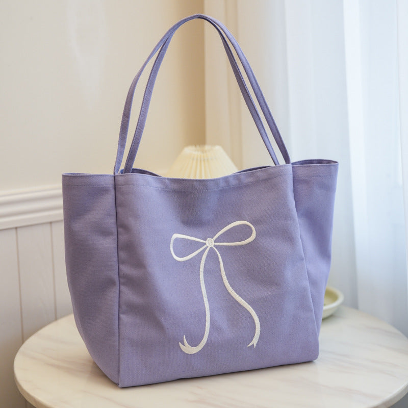 Capacity Bowknot Embroidered Canvas Female Heart Shoulder Bags