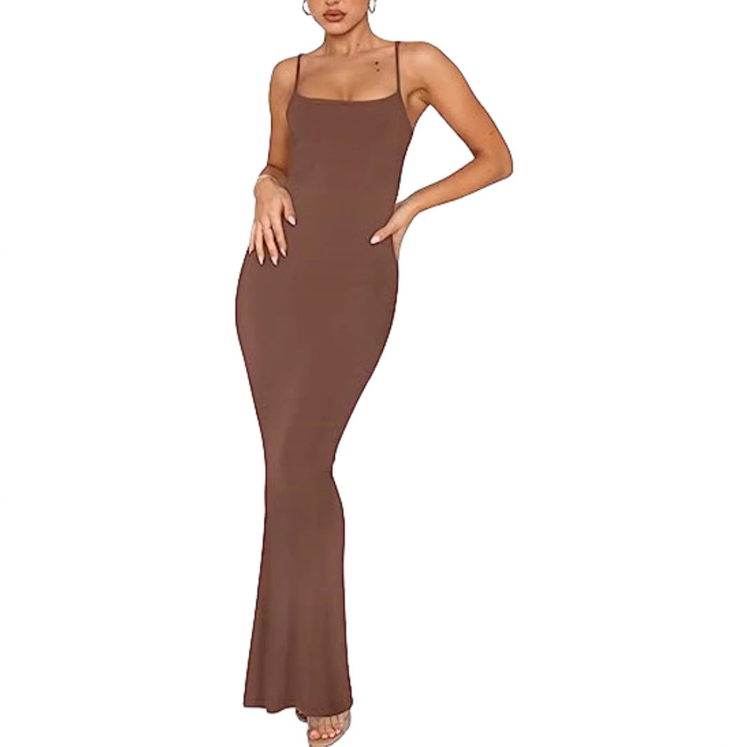 Women's Summer Solid Color Sling Casual Bottoming Rest Sexy Long Dress