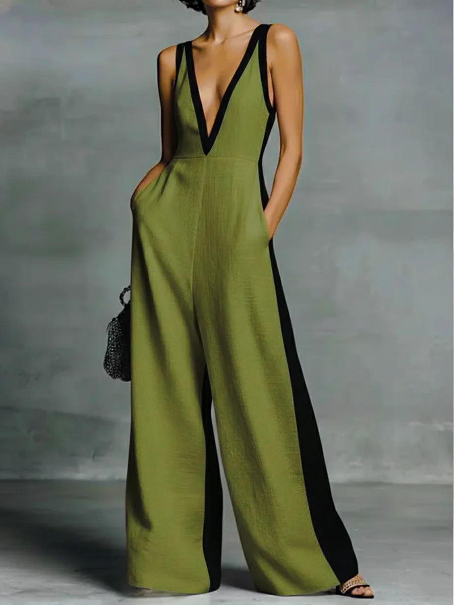 Women's Summer Fashion Wear Sleeveless Contrast Color Sling Wide Jumpsuits