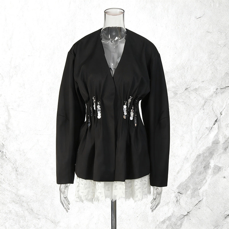 Pleated Long Sleeve Solid Color Hem Blazers