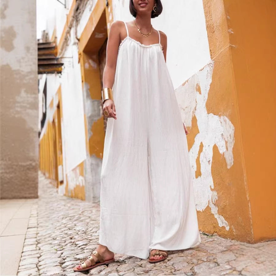 Women's Linen Sling Backless Loose-fitting Vacation Style Women's Jumpsuit/clothing