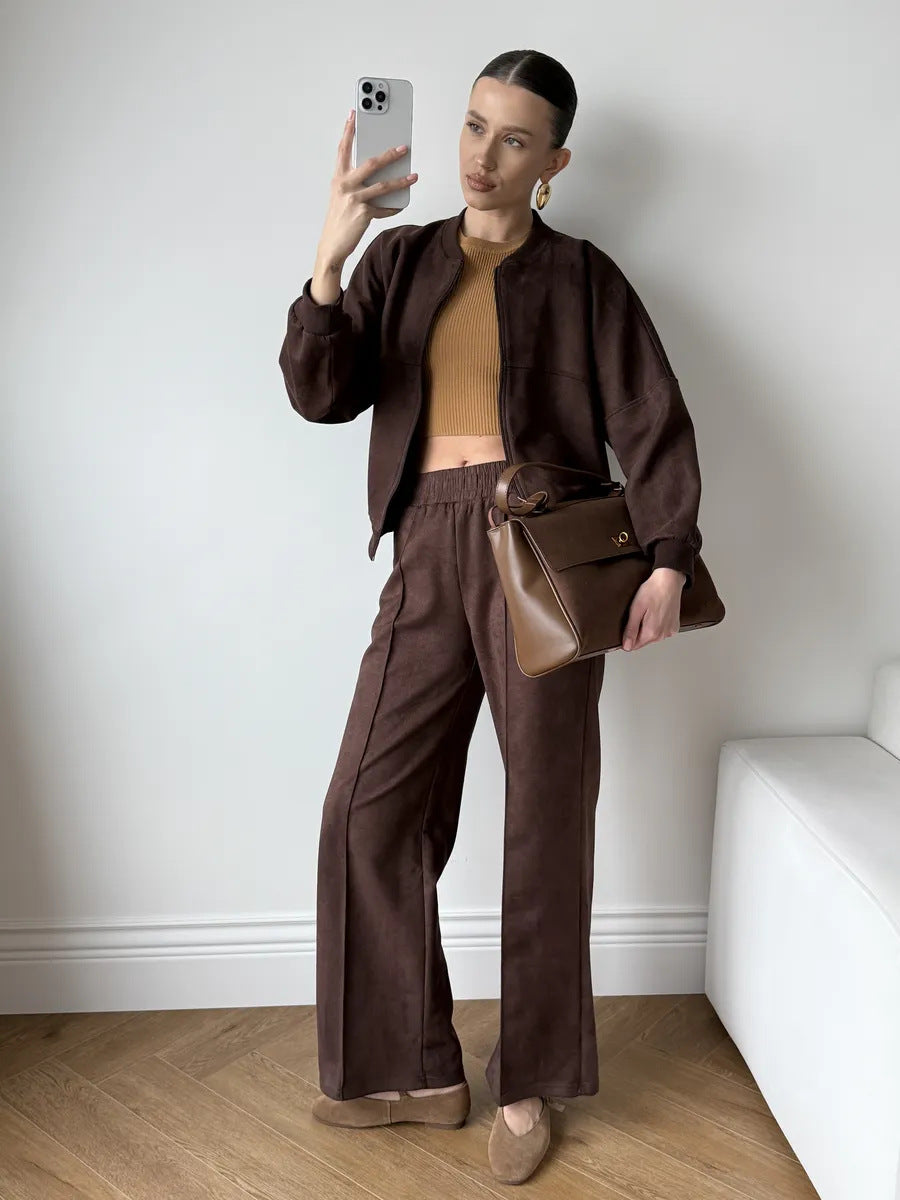 Women's Casual Solid Color Zipper Elastic Two-piece Suits