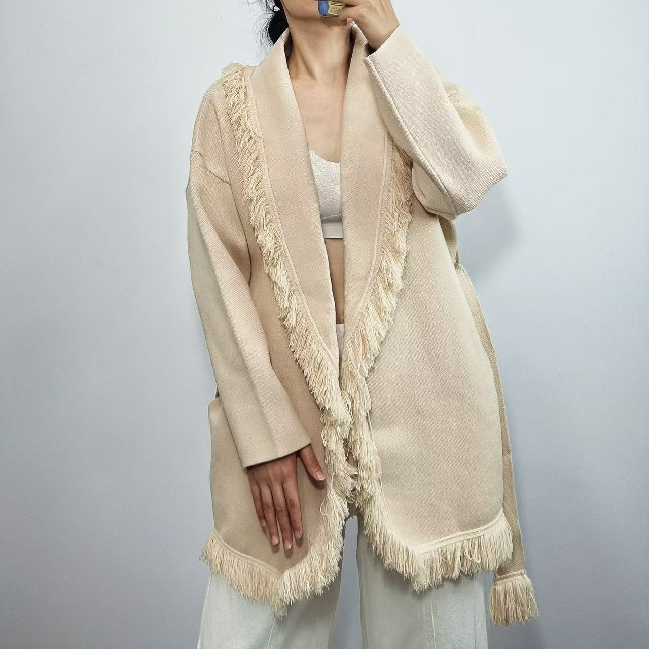 Tassel Mid-length Wool Blending Loose Retro Sweaters
