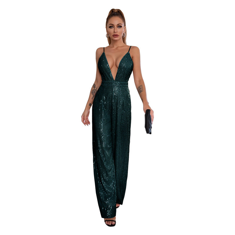 Women's Sequined Sleeveless Hot Deep Backless Sling Jumpsuits