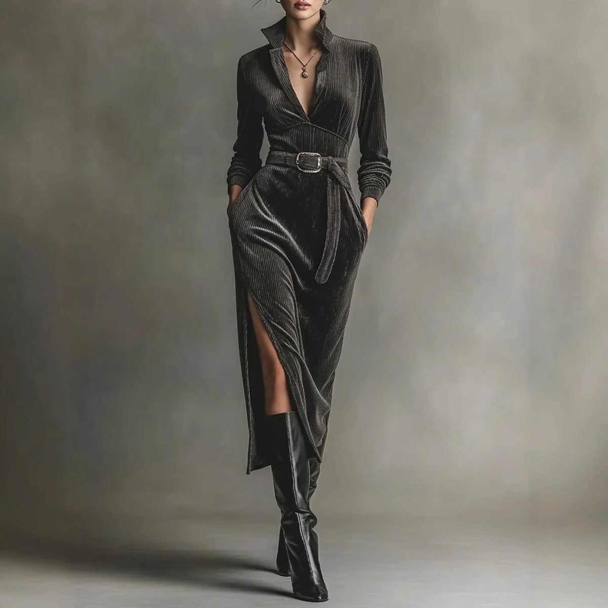 Women's Graceful Collar High Waist Pure Color Dresses