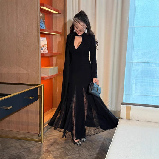Women's Clothes Round Neck Stitching Lace Long Sleeve Dresses