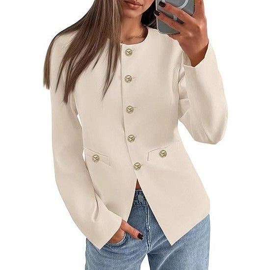 Women's Slim Fit Round Neck Long Sleeves Button Pocket Coats