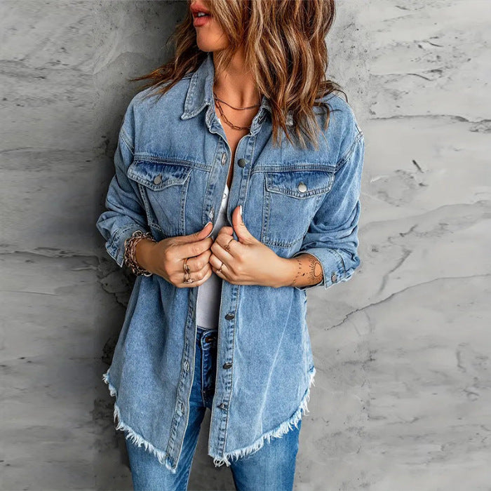Women's Dark Blue Denim Shirt Long Sleeve Loose Tops