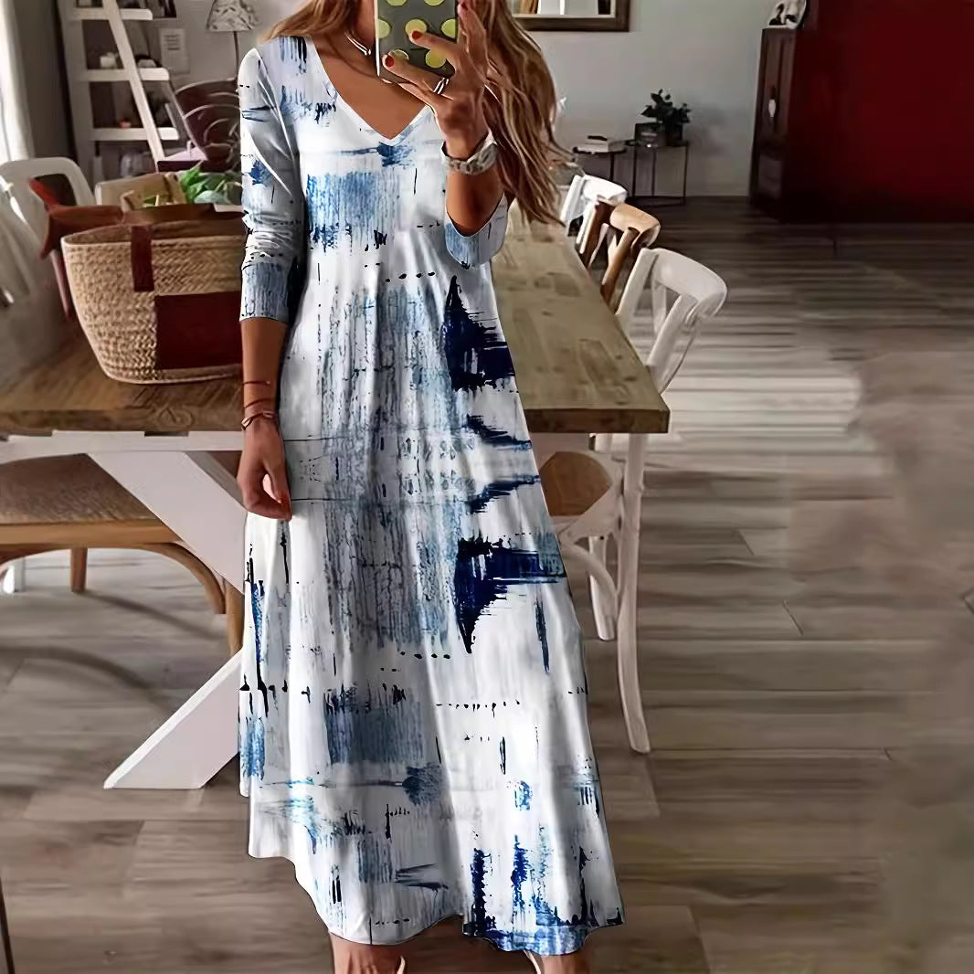 Women's Temperament Printed Long-sleeved Large Swing Dress