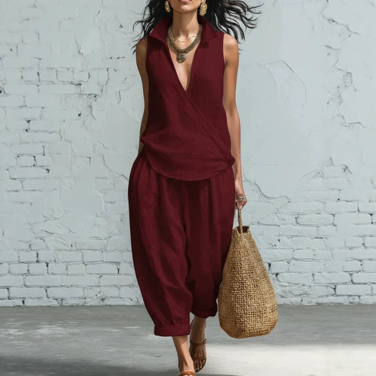Women's Simple Lapel Shirt Wide Leg Linen Pants