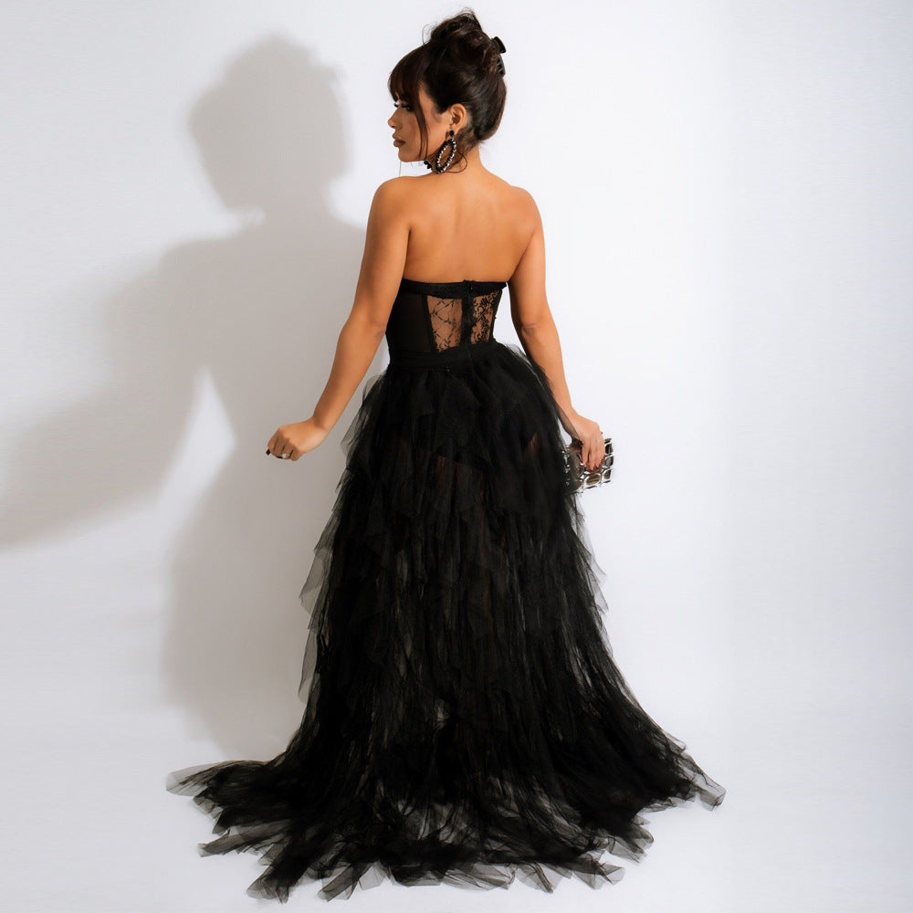 Sexy Mesh Lace Chest Wrap Dress Suits