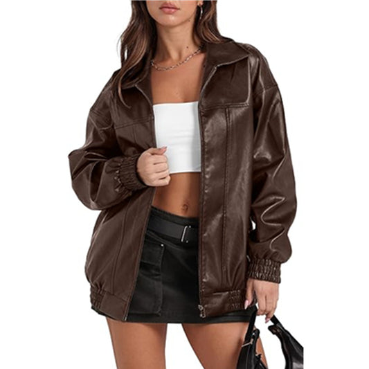Women's Leather Long Sleeve Lapel Zipper Side Pocket Jackets