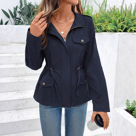 Women's Solid Color Long Sleeve Casual Drawstring Coats