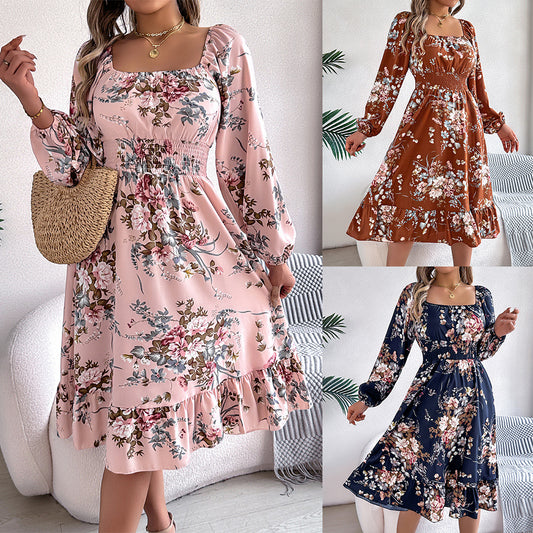 Women's Elegant Flowers Square Collar Long Sleeve Waist Clothing