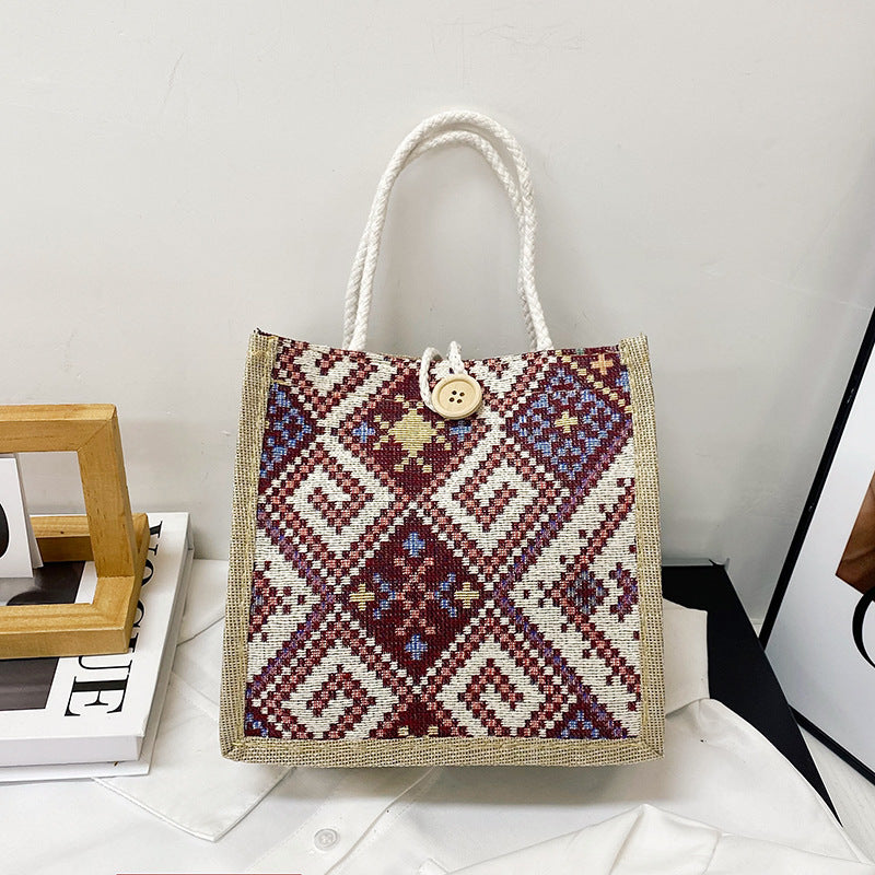 Women's Ethnic Style Canvas Summer Fashion Out Portable Linen Lunch Bags