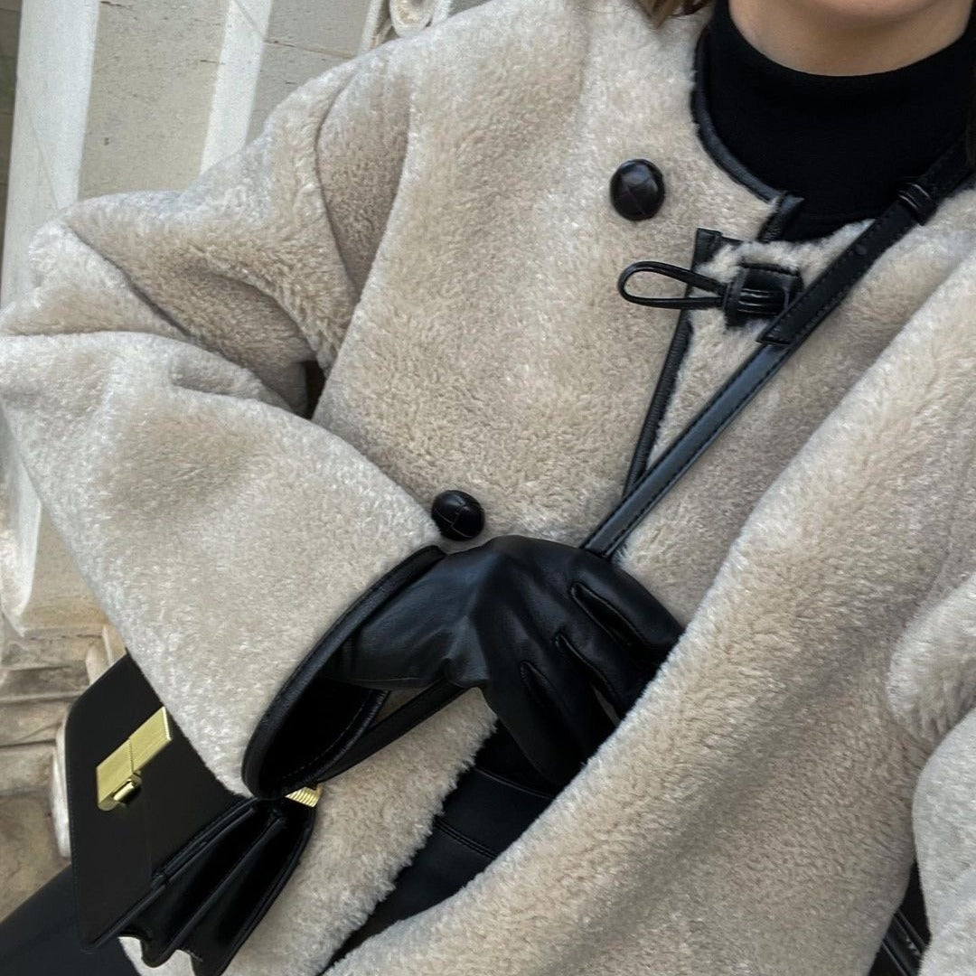 Women's Single-breasted Round Neck Solid Color Imitation Leather Coats