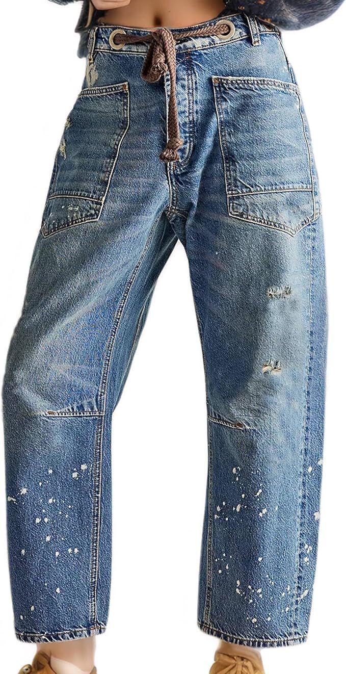 Women's Stitching Summer Loose Straight Drawstring Lace Jeans