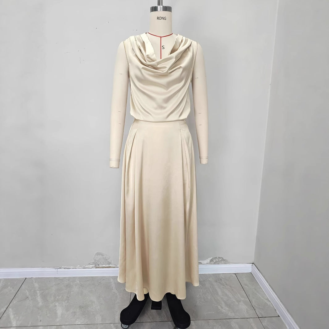 Satin Dress Solid Color Sleeveless Swing Collar Skirts