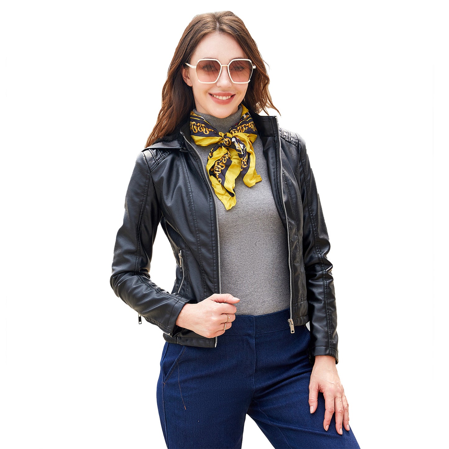 Women's Leather Detachable Hat Zipper Fleece-lined European Jackets